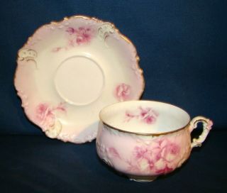 Ohme Porcelain Cup & Saucer W/ Pink Roses On Pink Background