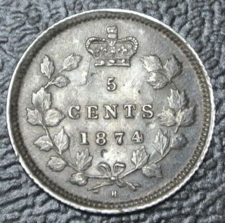 Old Canadian Coin 1874 H Crosslet 4 - 5 Cents -.  925 Silver - Victoria -