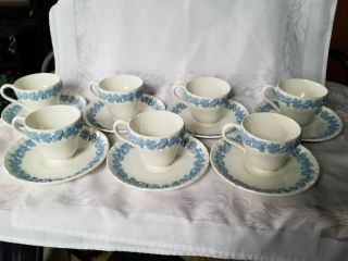 Set Of 7 Wedgwood Embossed Queensware Tea Cups Saucers White Blue,  Extra Cup