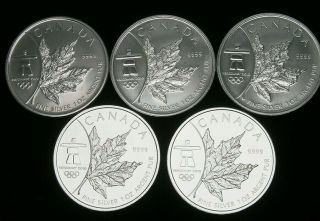 (5) 2008 Canada $5 Maple Leaf 2010 Olympics 1 Oz.  9999 Silver Coins - - 5 Oz - -