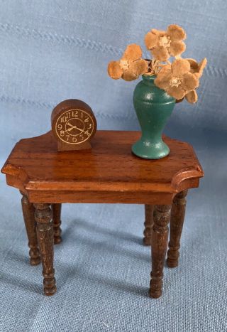Vintage Strombecker Dollhouse Furniture Wood Table Walnut Clock Flower Vase