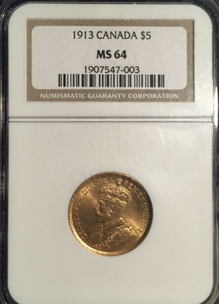 1913 Canada $5 Gold == Ms - 64 Ngc ==== Choice Uncirculated Example