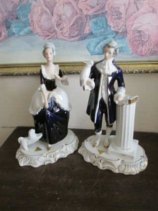 Royal Dux Bohemia Pair Porcelain Cobalt Blue Figurine Man And Woman Couple 9 "