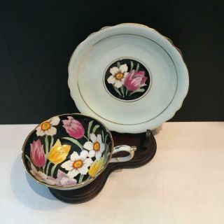 ONE PARAGON TULIP AND DAFFODIL FLORAL BLACK GREEN TEA CUP & SAUCER SET CS39 2