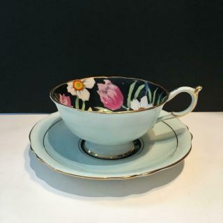 ONE PARAGON TULIP AND DAFFODIL FLORAL BLACK GREEN TEA CUP & SAUCER SET CS39 3