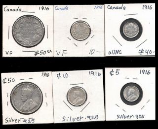 Canada - 5,  10 & 50 Cents 1916 Silver Cv $100