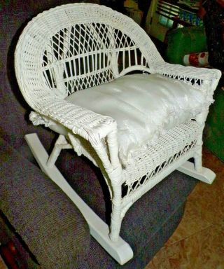 Vintage Wicker Child Doll Rocking Chair White Rocker With Handmade Pillow 21 "