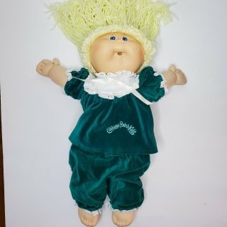 Vintage 1985 Cabbage Patch Kid Doll Girl Blonde Hair Blue Eye Velvet Dress