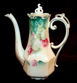 Incredible Rs Prussia Tea/coffee Pot W/ Pink Roses And Fine Gold Highlights