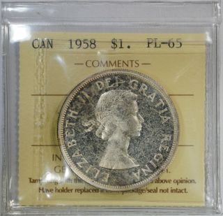 Canada $1 1958 Silver (iccs Pl - 65) Low Mintage Early Prooflike Silver Dollar