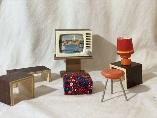 Vintage Doll House Furniture Living Room Set Tv Moveable Screen Made In Germany
