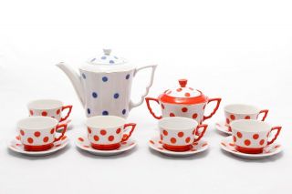 Polka Dot - Red And Blue 6 Person Coffee Set - Zsolnay Pécs Porcelain - 
