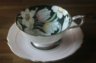 Paragon Black Tulip Daffodil Pink Teacup Tea Cup Saucer Double Warrant