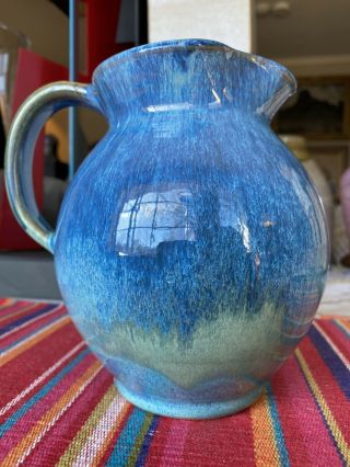 Vintage Shearwater Pottery Drip Glaze Pitcher Signd Blue Green Glz 6x6.  5