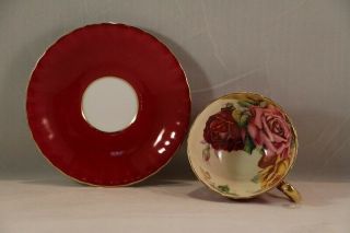 Vtg Aynsley Bone China Red & Gold Three Roses Tea Cup And Saucer