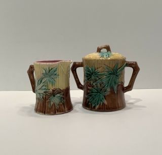Etruscan Authentic Majolica Bamboo & Fern Sugar And Creamer W/lids 1880s