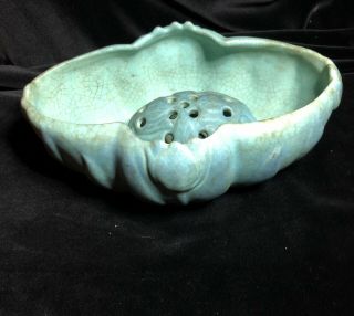 Vintage Van Briggle Art Pottery Tulip Bowl Vase Turquoise Blue With Flower Frog