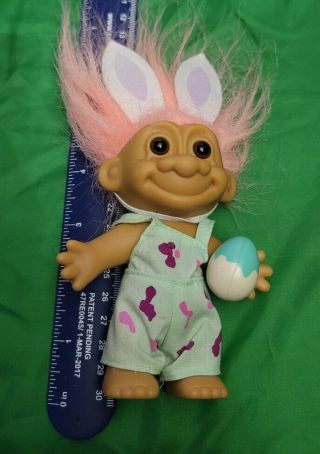 Troll Doll Easter Bunny Ears Overall Wearing With Egg 069 Pink Hair Russ