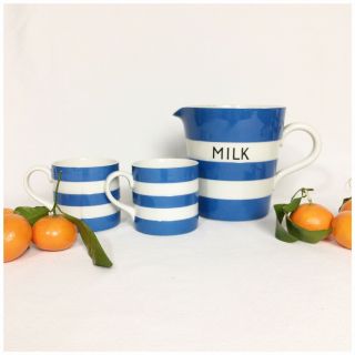 Vintage Blue/white Cornishware T.  G.  Green England Milk Measuring Pitcher & 2 Mug