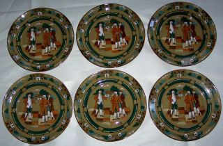 6 Buffalo Pottery Deldare Ware Ye Village Gossips 10 " Plates