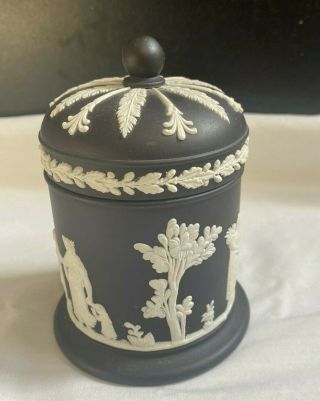 Wedgwood White On Black Jasperware Round Lidded Container Olympus Or Tobacco Jar