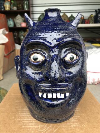 Rare Cobalt Blue Devil Face Jug By Marvin Bailey