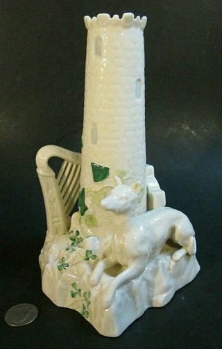 Belleek Irish Porcelain Castle Tower Vase Hound Dog Celtic Cross Harp Ireland