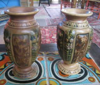 Pair 2 Vintage Roseville Arts & Crafts Florentine Vases 6 Inch