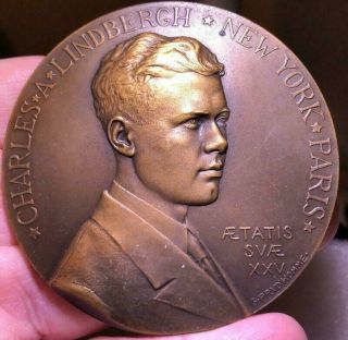 1927 Charles Lindbergh / York To Paris Flight By Prudhomme Bronze Medal 67mm