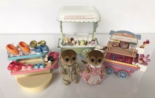Sylvanian Families Shoe,  Sweet And Ice Cream Stalls With Dressed Meerkats