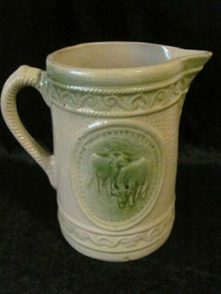 Hull Pottery Yellow Ware 8 " Pitcher Green Glaze With Grazing Cows