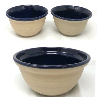 Vintage Great American Stoneware Factory Cobalt Blue Bowls Set Of 3 Made Usa