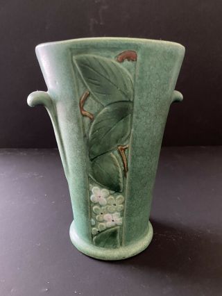 Antique Marked Weller Pottery Arts & Crafts Matte Green Vase Leaf Floral