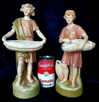 Pair Large Royal Dux Bohemia Porcelain Classical Figures W Baskets Czech