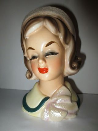 Vintage 6 - 1/4 " Lady Head Vase Lady With Hat And Ruffle Wreath Stamp On Bottom