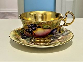 Aynsley Bone China Orchard Fruits And Gold Tea Cup And Saucer Signed D.  Jones
