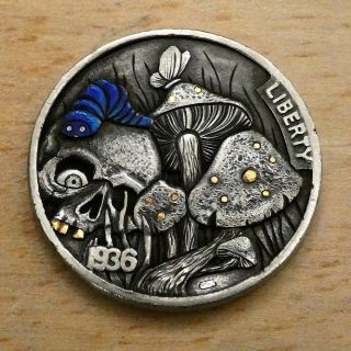Hobo Nickel Trippy Mushrooms Hand Carved 1936 Buffalo Coin Psychedelic Art