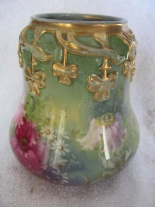 Vintage Green Vase W/floral Pattern & Gold Inlay Ribbons - Royal - Bonn Germany
