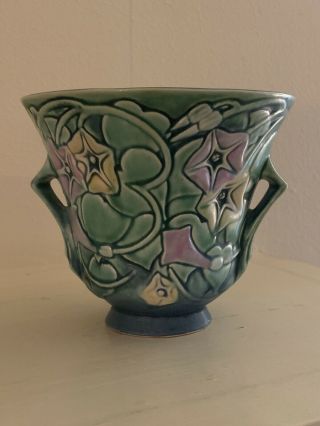 Vtg Roseville Pottery Morning Glory Green 5 ¼” Vase W/ Handles