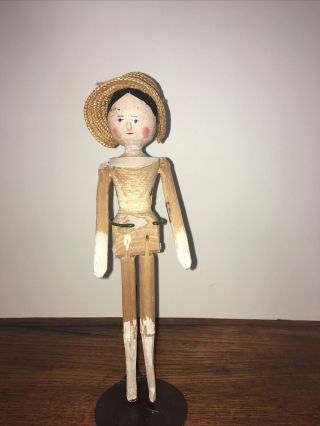 Antique Vintage Peg Wooden Doll 9 3/4” Tall With Straw Hat And Vintage Stand
