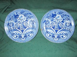Historical Flow Blue Floral Staffordshire Plates Vg