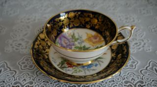 Paragon Double Warrant Cobalt Blue Gold Gilt Floral Tea Cup & Saucer,  England