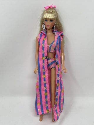 Vintage Barbie Clone Doll Outfit Mod Era Pink Blue Daisy Bikini & Beach Cover Up