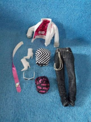 2007 Hello Kitty Barbie Doll Fashion Only White Jacket,  Jeans,  Boots,  Hat.
