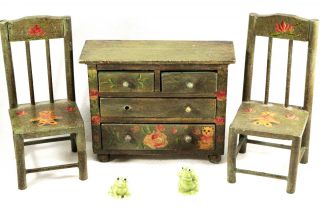 Vintage Miniature Dollhouse 2 Wood Chairs Dresser Handpainted Russ Berrie,  Bonus