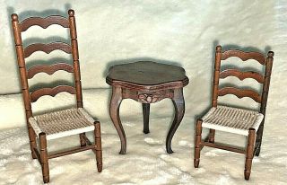 Vintage Dollhouse Miniature Furniture By Sonia Messer Two Chairs & Table