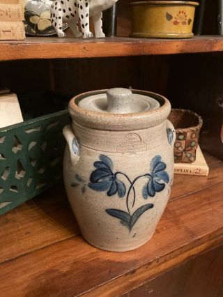 Vintage Primitive Rowe Pottery Stoneware & Cobalt Floral Crock W/ Lid 9.  5 "