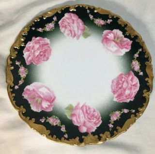 Antique T.  V Limoges 8.  5 Inch Green Plate With Large Pink Roses & Heavy Gold