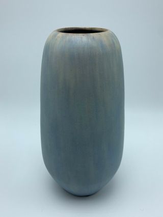 Anton Lang Art Pottery Red Clay Pot With Light Blue Flambe Over Gray Glaze