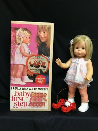 Vintage 1964 Mattel Baby First Step Doll W Box Clothes & Skates
